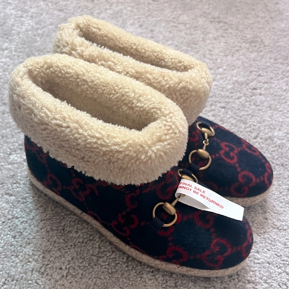 GUCCI FRIA horse-bit shearling GG logo ankle booties size 36